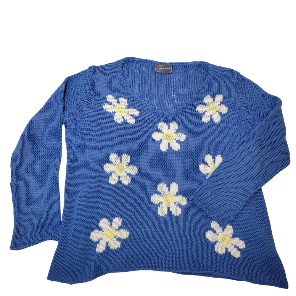 Wooden Ships Paola Buendia Mini Daisy V Cotton Sweater Washed Indigo Blue S/M